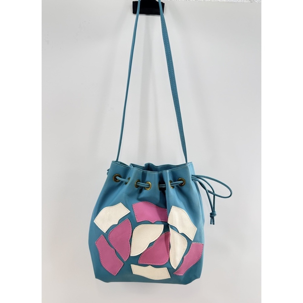 Vintage 1980s Faux‎ Leather Shoulder Bag Blue Pink Patchwork Drawstring Purse
